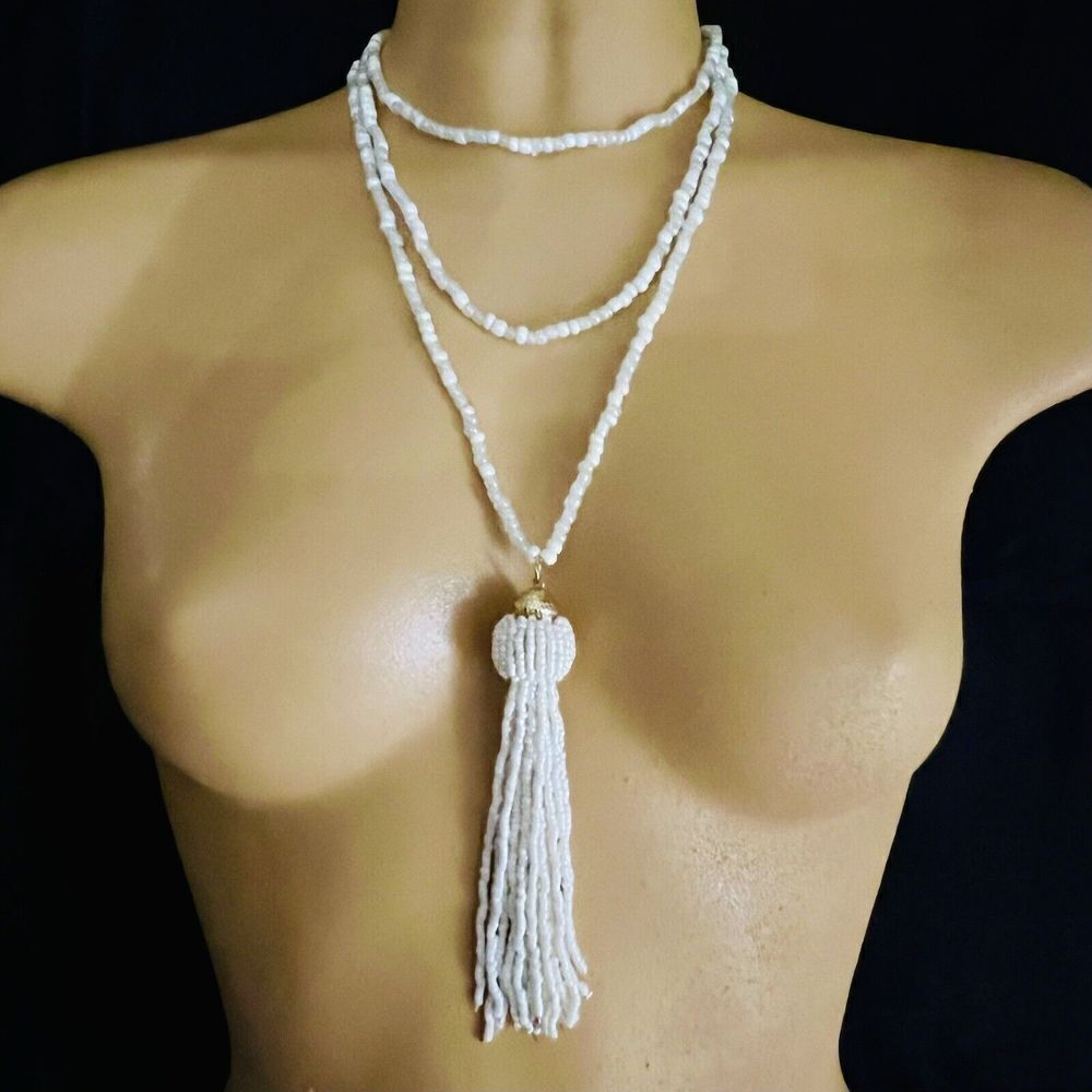 Estate Vintage Endloskette MOP Mother of Pearl Beaded Tassel Necklace 52” 1085